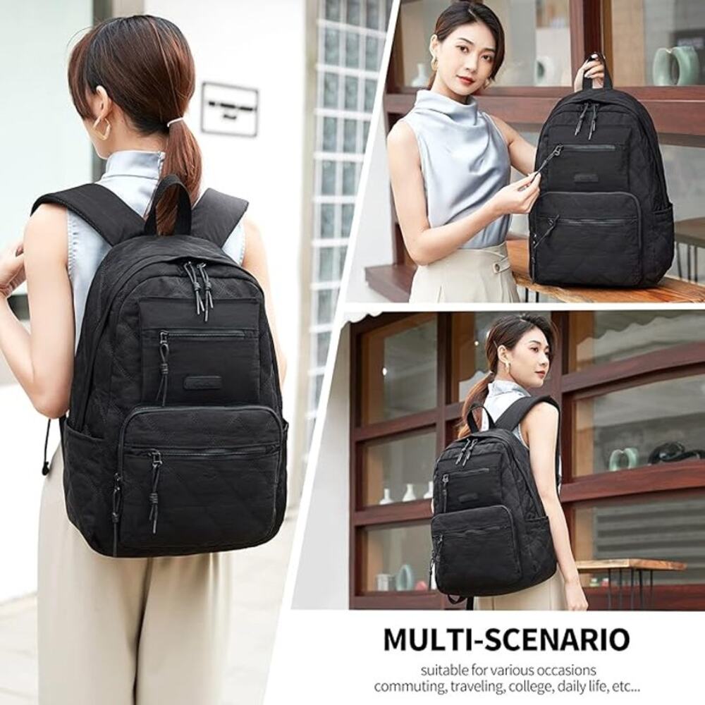 Classic Black Lightweight Nylon Laptop 15.6 Backpack with Multiple Zipper Pocket - Picture 3 of 4